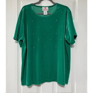 Quaker Factory Women's Green Velvet Embellished Top Size XL